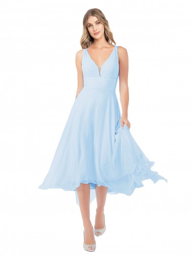 A-Line V-Neck Soft Chiffon Midi Length Light Sky Blue Bridesmaid Dress Sydney