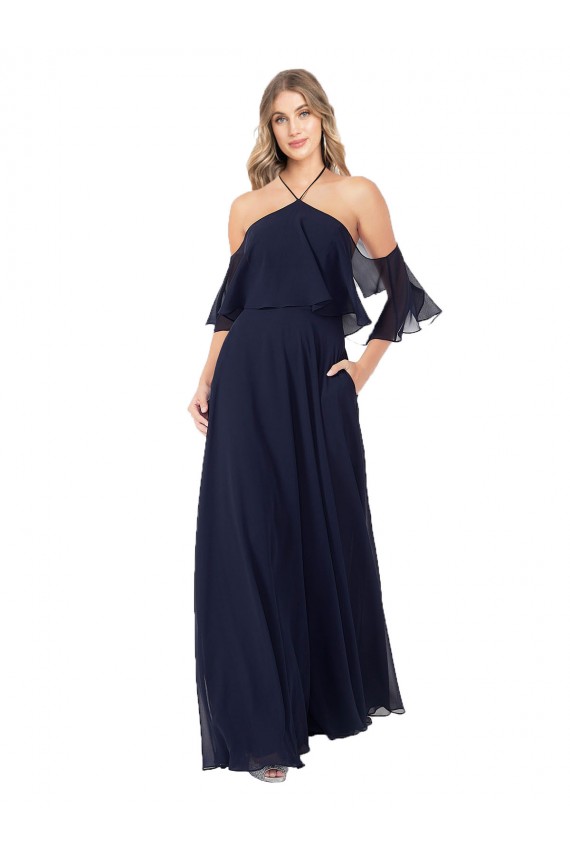 A-Line High Neck Soft Chiffon Long Dark Navy Formal Dress / Bridesmaid Dress Sydney