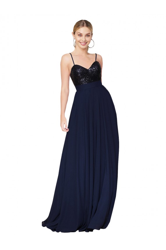 A-Line High Neck Soft Chiffon & Sequin Long Dark Navy Semi Formal Evening Dress / Prom Dress / Bridesmaid Dress Sydney
