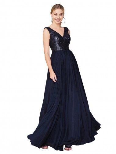 A-Line High Neck Soft Chiffon & Sequin Long Dark Navy Semi Formal Evening Gown / Prom Dress / Bridesmaid Dress Sydney