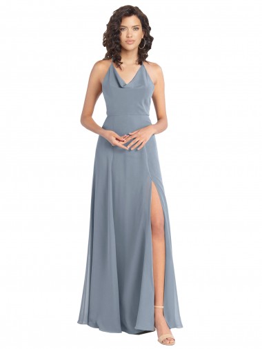 A-Line Cowl Neck Soft Chiffon Long Dusty Blue Bridesmaid Dress Sydney