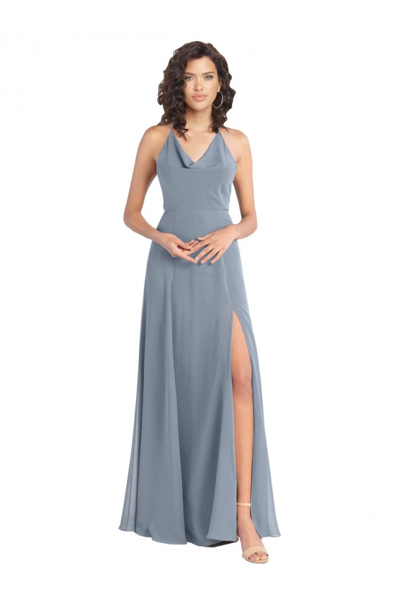 A-Line Cowl Neck Soft Chiffon Long Dusty Blue Bridesmaid Dress Sydney