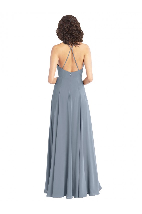 A-Line Cowl Neck Soft Chiffon Long Dusty Blue Bridesmaid Dress Sydney