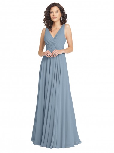 A-Line V-Neck Soft Chiffon Long Dusty Blue Bridesmaid Dress Sydney