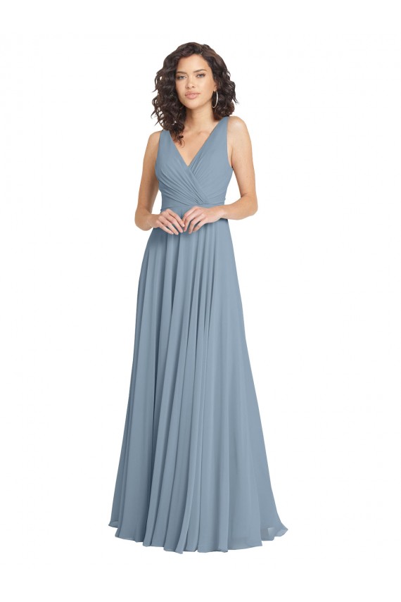 A-Line V-Neck Soft Chiffon Long Dusty Blue Bridesmaid Dress Sydney