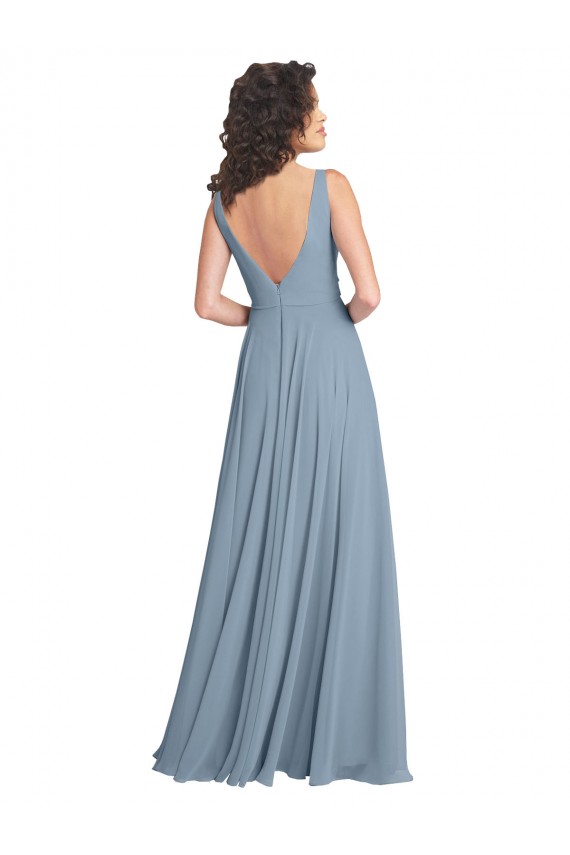 A-Line V-Neck Soft Chiffon Long Dusty Blue Bridesmaid Dress Sydney