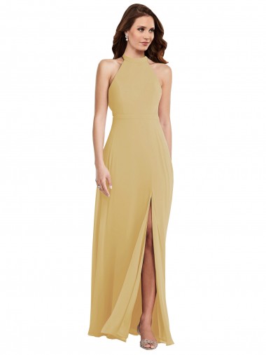 A-Line Halter Neck Soft Chiffon Long Gold Semi Formal Evening Dress / Bridesmaid Dress Sydney
