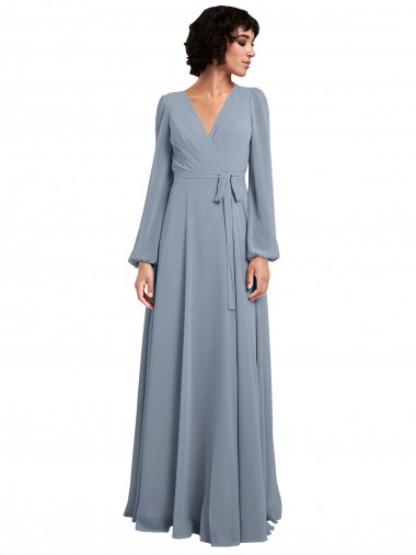 A-Line V-Neck Soft Chiffon Long Dusty Blue Bridesmaid Dress / Formal Dress Sydney