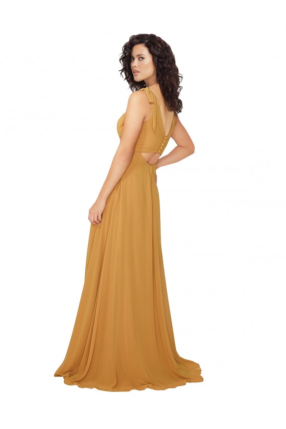 A-Line V-Neck Soft Chiffon Long Saffron Bridesmaid Dress Sydney