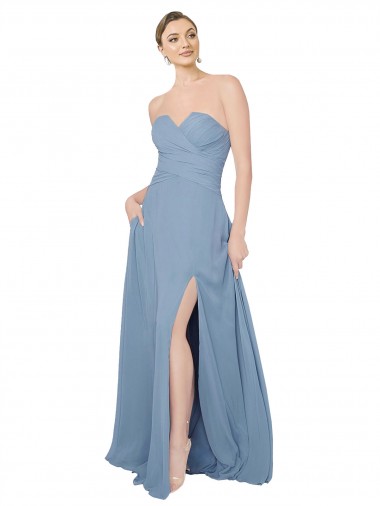 A-Line Strapless Chiffon Long Dusty Blue Bridesmaid Dress / Evening Dress Sydney