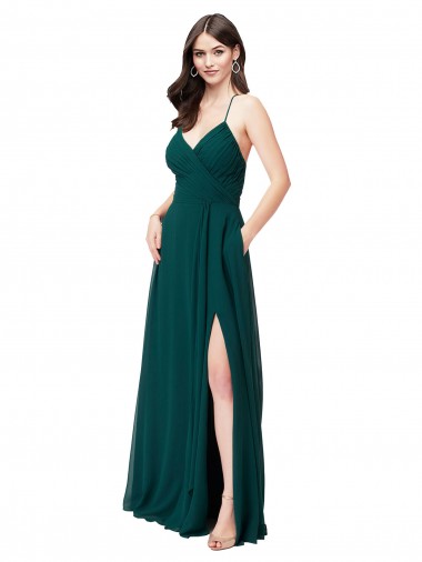 A-Line V-Neck Chiffon Long Hunter Green Wedding Party Dress Sydney
