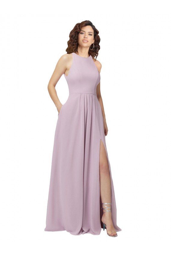 A-Line High Neck Soft Chiffon Long Pink Glow Bridesmaid Dress Sydney