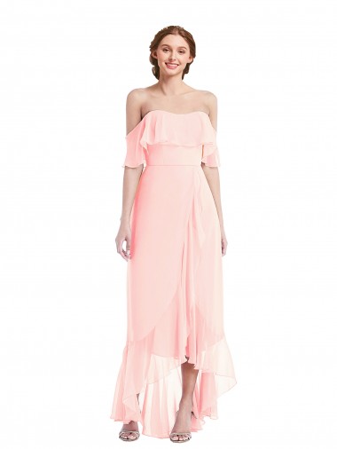 A-Line Off the Shoulder Soft Chiffon Long Pink High Low Bridesmaid Dress Sydney