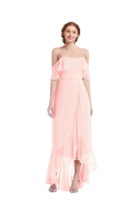 A-Line Off the Shoulder Soft Chiffon Long Pink High Low Bridesmaid Dress Sydney
