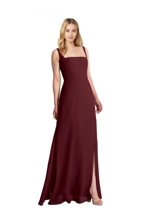 A-Line Square Neck Soft Chiffon Long Burgundy Gold Bridesmaid Dress Sydney