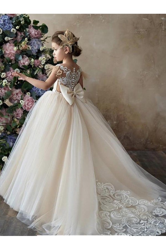 Ball Gown Sweetheart Tulle & Lace Chapel Train Champagne Flower Girl Dress Sydney