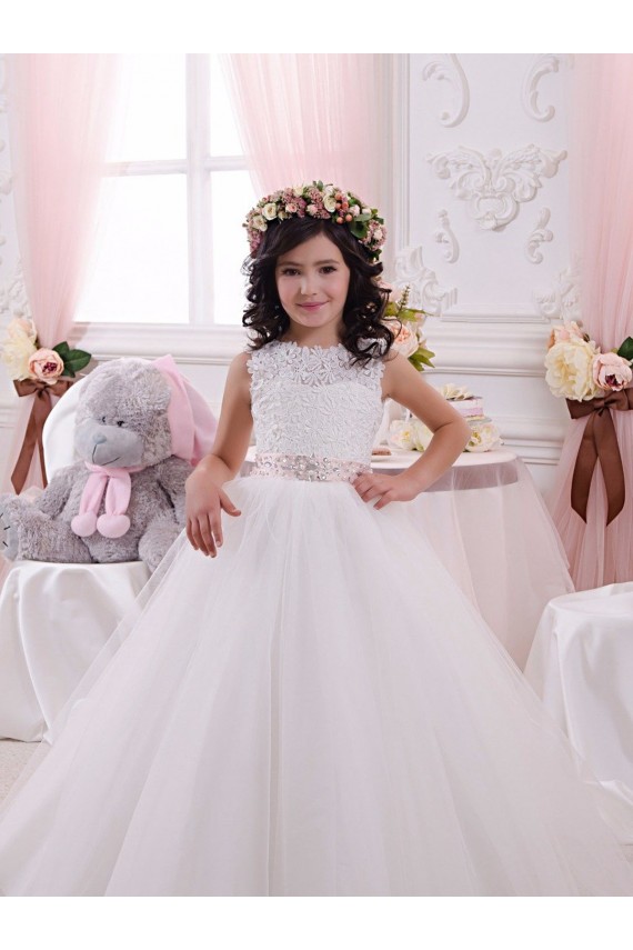 Ball Gown Bateau Neck Tulle & Lace Chapel Train Ivory Flower Girl Dress Sydney