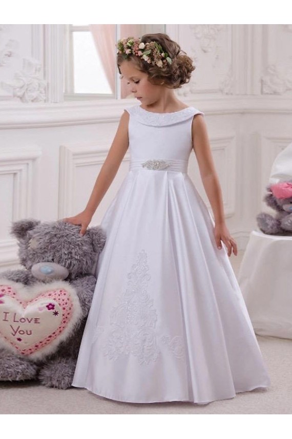 Ball Gown Bateau Neck Satin & Lace Long Ivory Flower Girl Dress Sydney