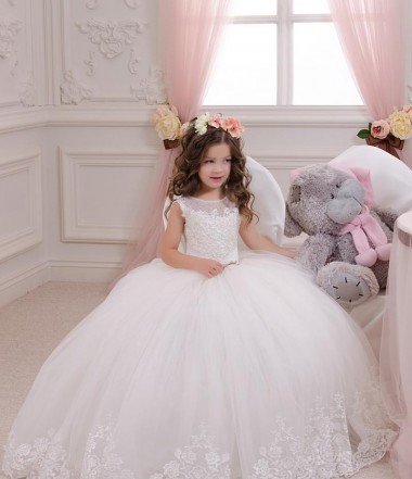 Ball Gown Bateau Neck Tulle & Lace Chapel Train Ivory Flower Girl Wedding Dress Sydney