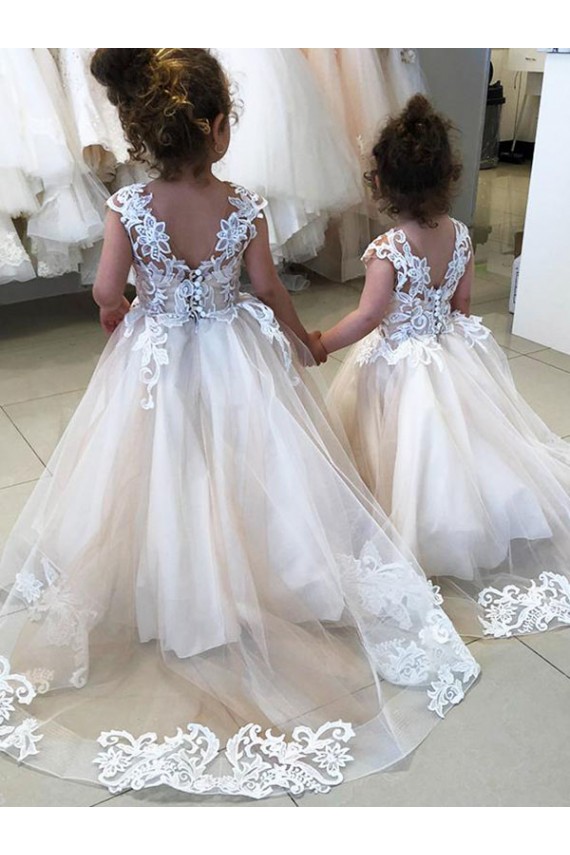 Ball Gown Bateau Neck Tulle & Lace Chapel Train Ivory Little Flower Girl Dress Sydney