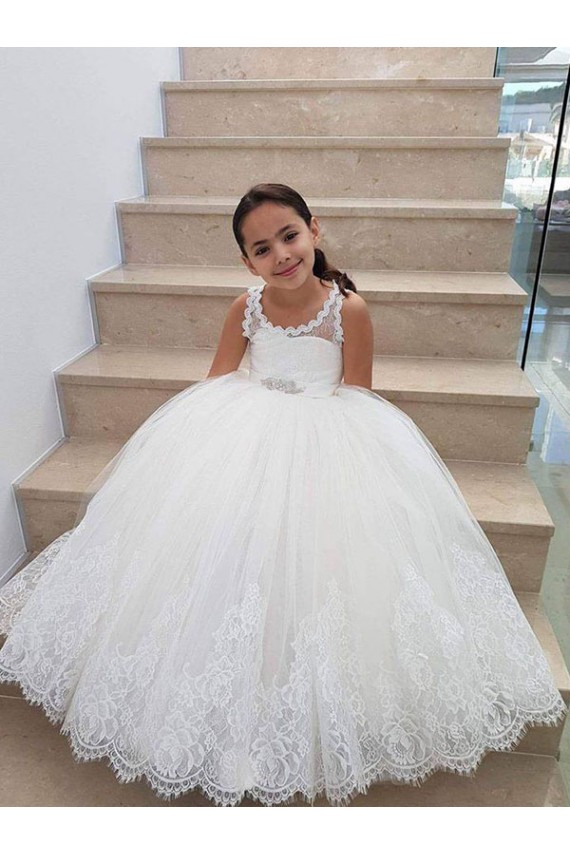 Ball Gown High Neck Tulle & Lace Long Ivory Flower Girl Dress Sydney