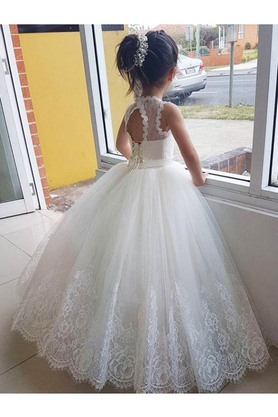 Ball Gown High Neck Tulle & Lace Long Ivory Flower Girl Dress Sydney