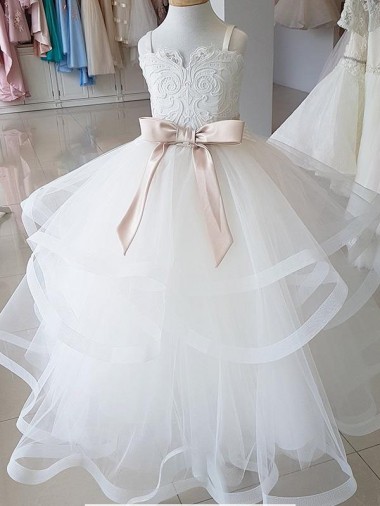 Ball Gown High Neck Tulle & Lace Long Ivory Flower Girl Wedding Dress Sydney