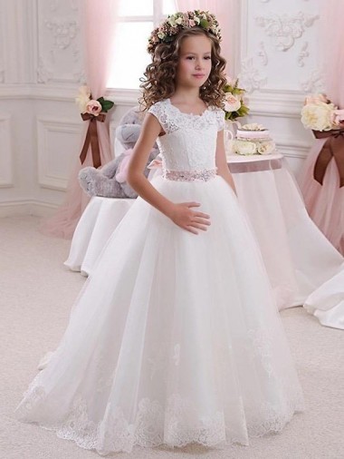 Ball Gowns High Neck Tulle & Lace Long Ivory Flower Girl Dress Sydney