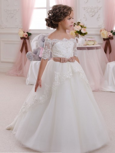 Ball Gown High Neck Tulle & Lace Long Ivory Flower Girl Dresses Sydney