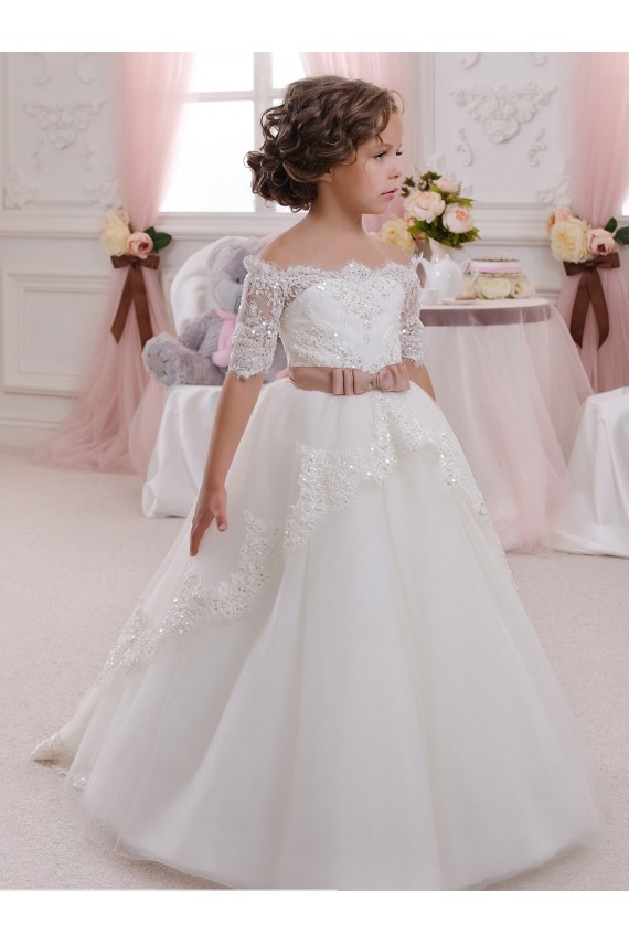 Ball Gown High Neck Tulle & Lace Long Ivory Flower Girl Dresses Sydney