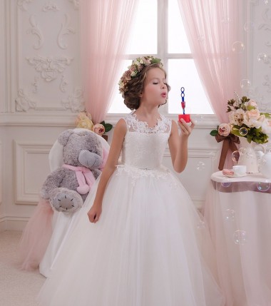 Ball Gown High Neck Tulle & Lace Long Ivory Little Flower Girl Dress Sydney