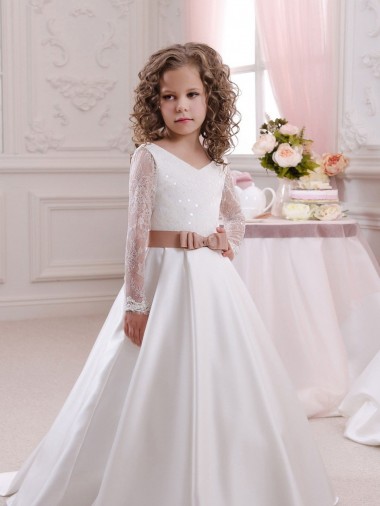 Ball Gown V-Neck Satin & Lace Chapel Train Ivory Flower Girl Dress Sydney