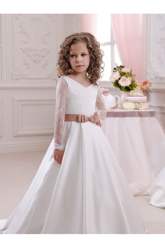 Ball Gown V-Neck Satin & Lace Chapel Train Ivory Flower Girl Dress Sydney