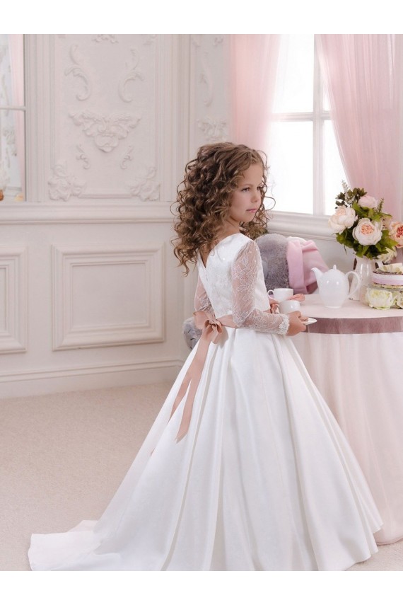 Ball Gown V-Neck Satin & Lace Chapel Train Ivory Flower Girl Dress Sydney