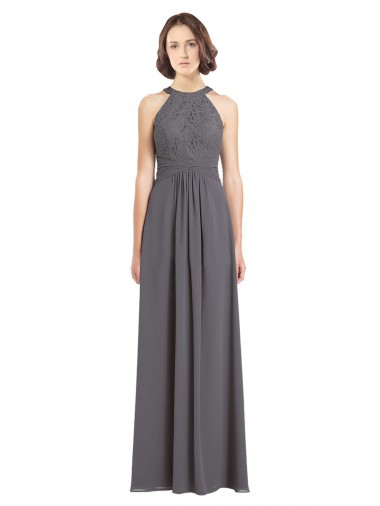 A-Line Halter Neck Soft Chiffon & Lace Long Stormy Silver Bridesmaid Dress Sydney