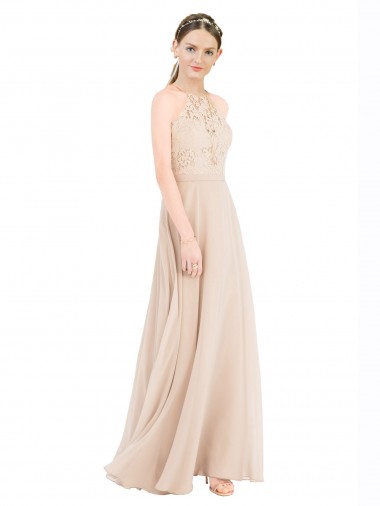A-Line High Neck Soft Chiffon & Lace Long Champagne Prom Dress / Bridesmaid Dress Sydney