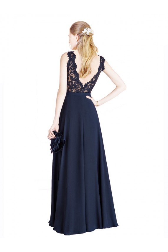 A-Line Illusion Neck Soft Chiffon & Lace Long Dark Navy Prom Dress / Bridesmaid Dress Sydney