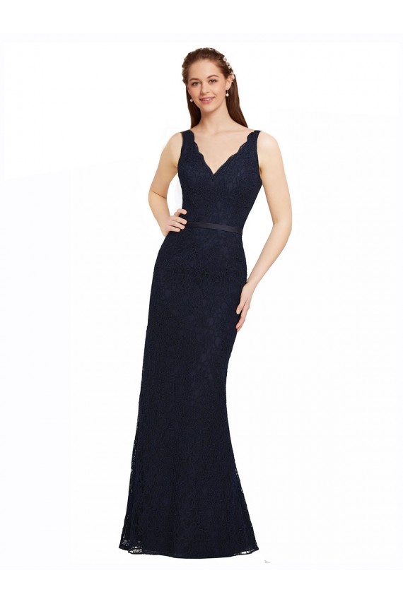 Sheath V-Neck Lace Long Dark Navy Bridesmaid Dress Sydney