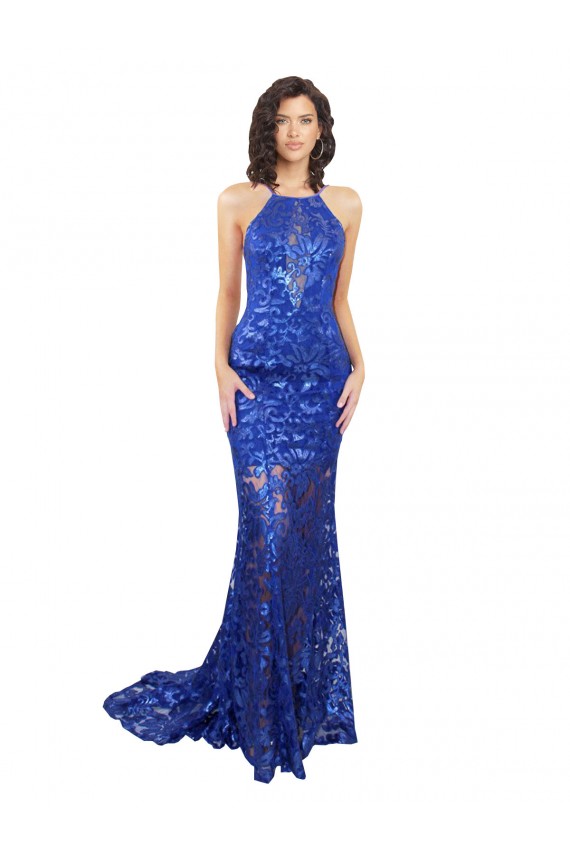 Mermaid High Neck Lace Long Royal Blue Semi Formal Evening Dress / Prom Dress / Bridesmaid Dress Sydney