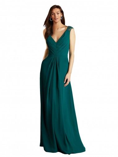 A-Line V-Neck Soft Chiffon & Lace Long Hunter Bridesmaid Dress Sydney