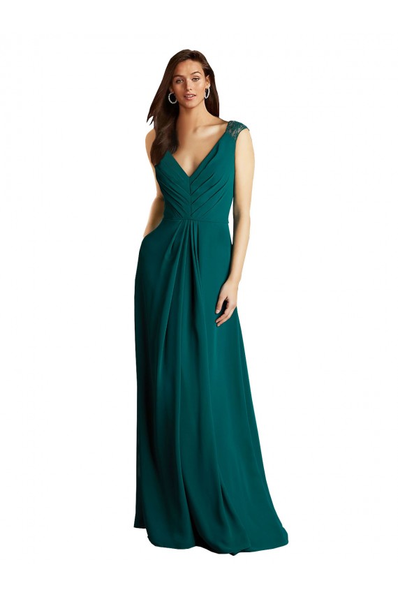A-Line V-Neck Soft Chiffon & Lace Long Hunter Bridesmaid Dress Sydney