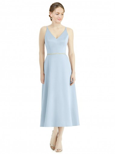 A-Line V-Neck Satin Tea Length Light Sky Blue Bridesmaid Dress Sydney