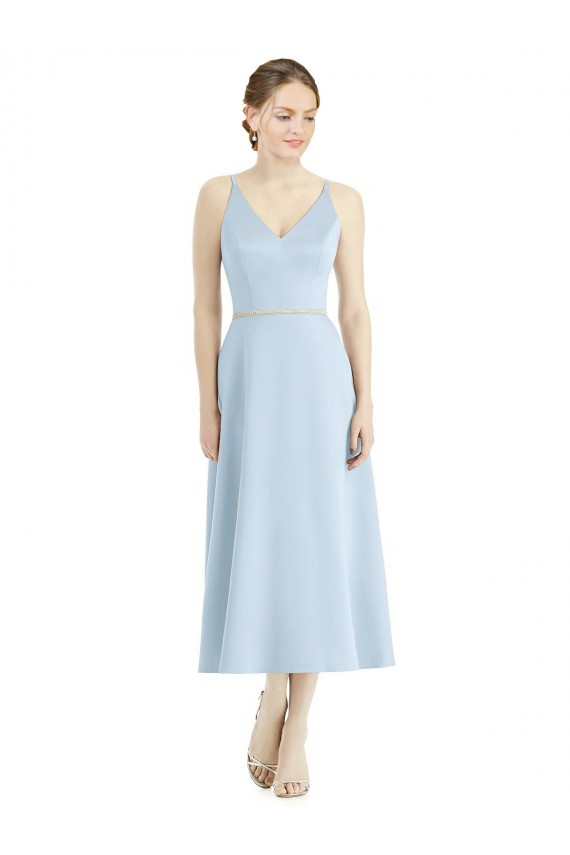 A-Line V-Neck Satin Tea Length Light Sky Blue Bridesmaid Dress Sydney