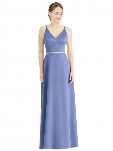 A-Line V-Neck Satin Long Periwinkle Bridesmaid Dress Sydney