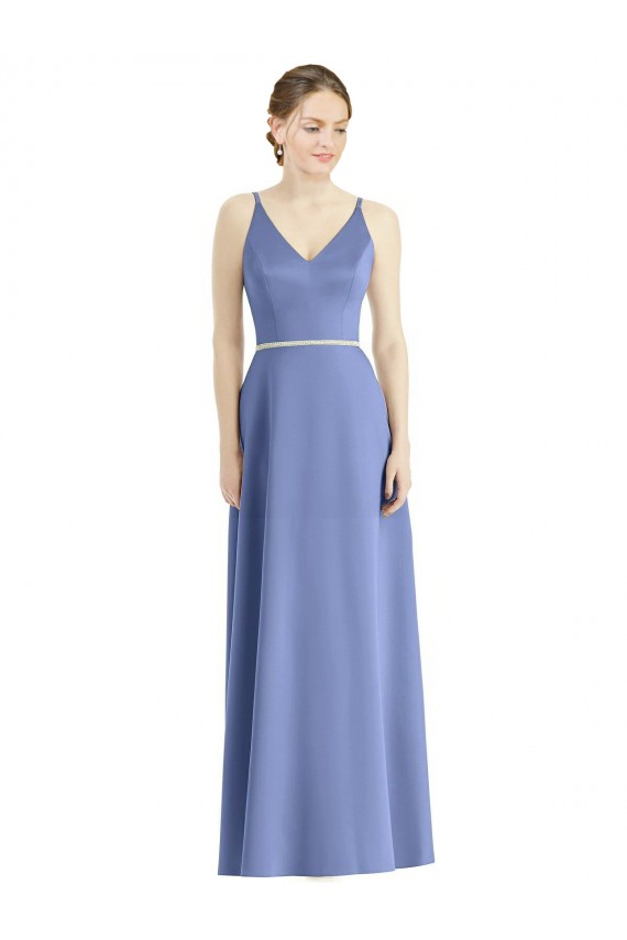 A-Line V-Neck Satin Long Periwinkle Bridesmaid Dress Sydney