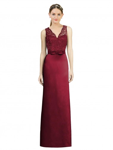 A-Line V-Neck Satin & Lace Long Burgundy Bridesmaid Dress Sydney