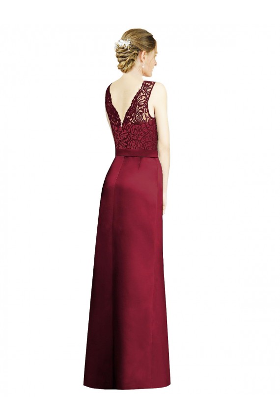 A-Line V-Neck Satin & Lace Long Burgundy Bridesmaid Dress Sydney