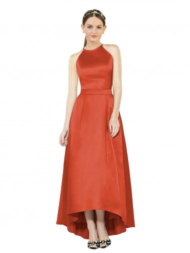 A-Line Halter Neck Satin Spice Red High Low Bridesmaid Dress Sydney