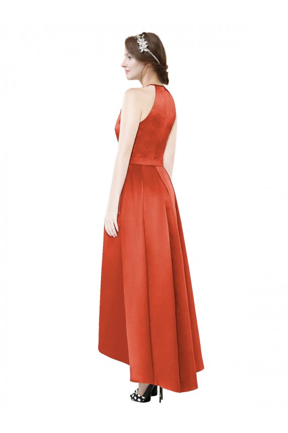 A-Line Halter Neck Satin Spice Red High Low Bridesmaid Dress Sydney