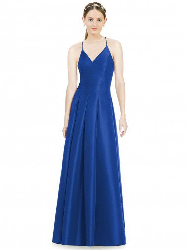 A-Line V-Neck Satin Long Royal Blue Bridesmaid Dress Sydney